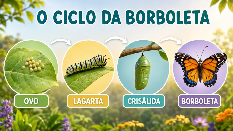 Recurso visual para o pré-escolar com as quatro fases do ciclo da borboleta