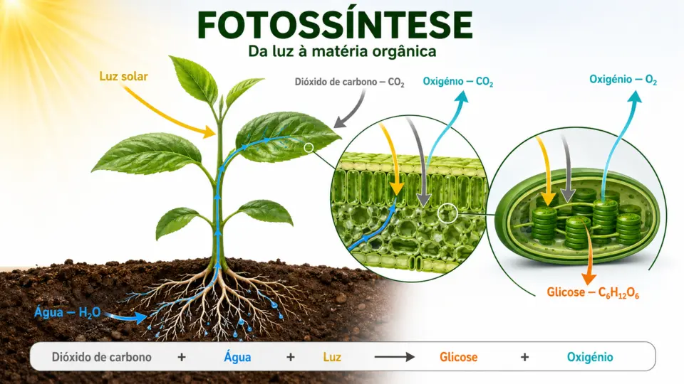 Recurso visual educativo que explica o fenómeno científico da fotossíntese