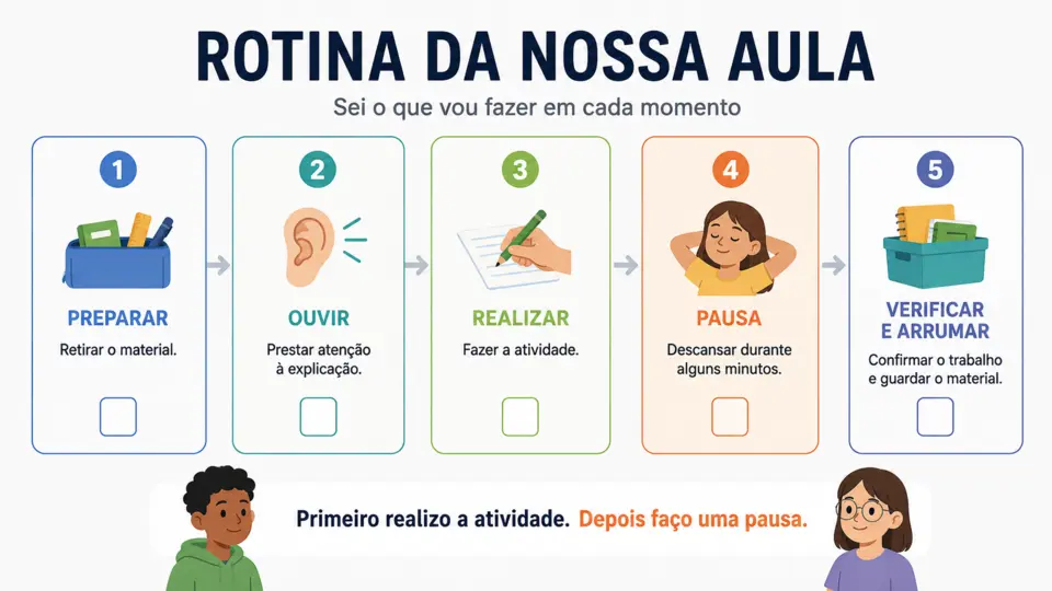 Infográfico inclusivo que organiza a rotina da aula em cinco etapas