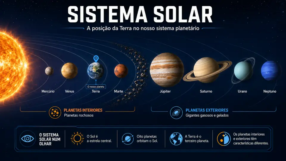 Poster educativo que apresenta os planetas e a posição da Terra no Sistema Solar