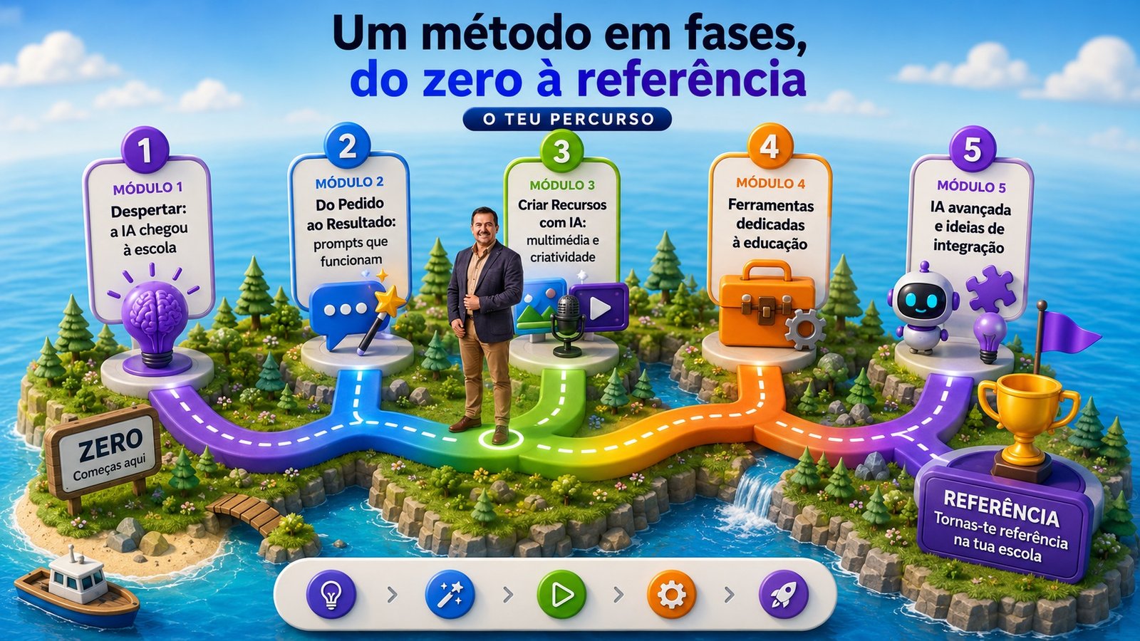 O teu percurso: um método em fases, do zero à referência — 5 módulos